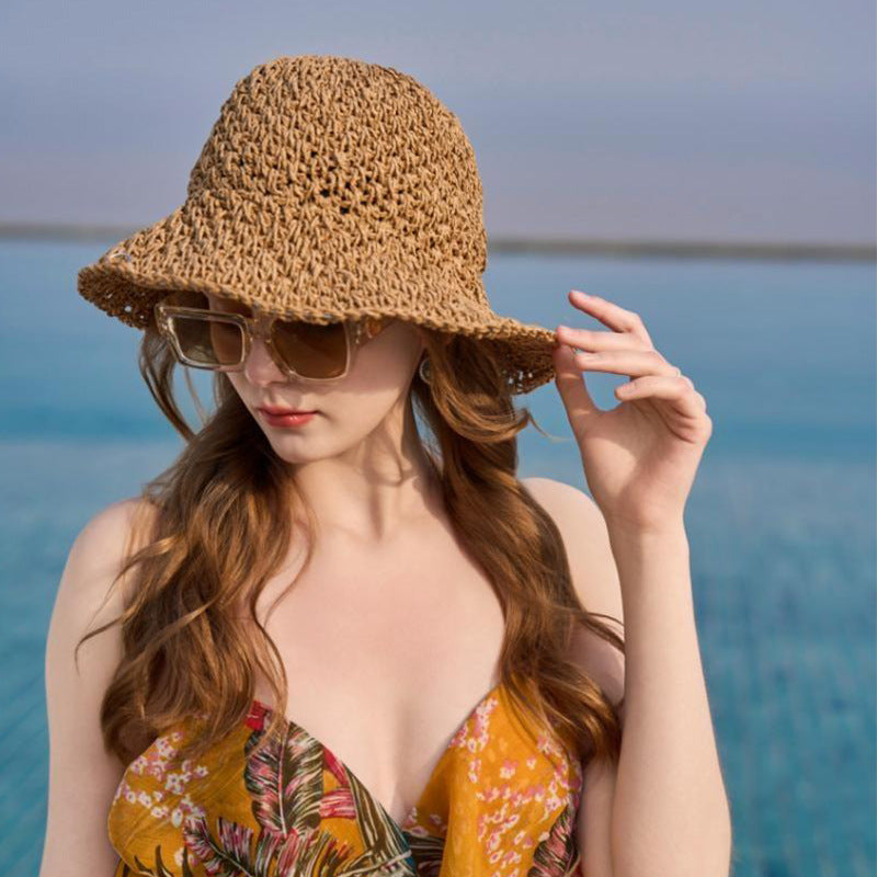 Weaving Hollow Out Cutout Beach Sun Proof Straw Hat Summer Beach Travel Sun Hat Combination Hat Bag Glasses