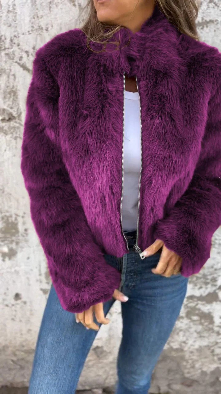 Women Clothing Women Autumn Winter Faux Fur Turtleneck Zipper Casual Top Coat Purple