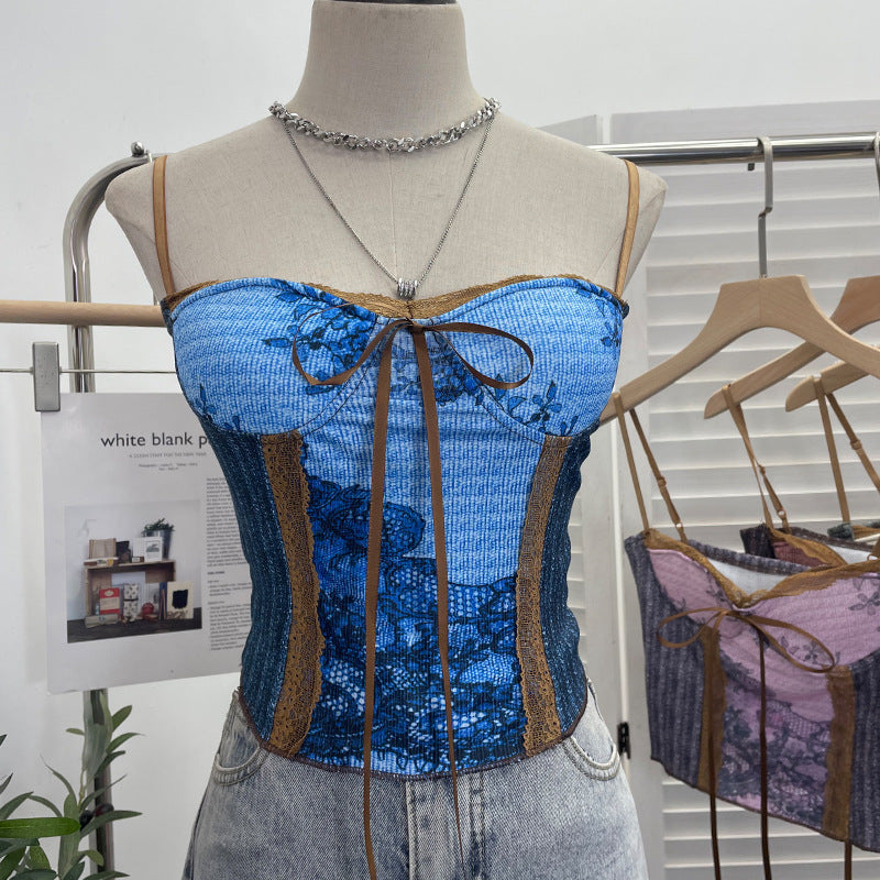 Vintage Ink Painting Niche Sexy Strap Vest with Chest Pad Short Lace up Tube Top Women One Size Blue