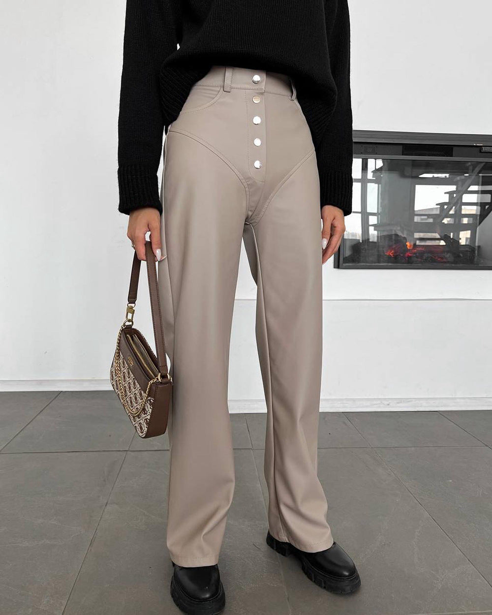 Women Autumn Winter High Waist Leather Stitching Trousers Women Casual Pants Leather Pants Gray