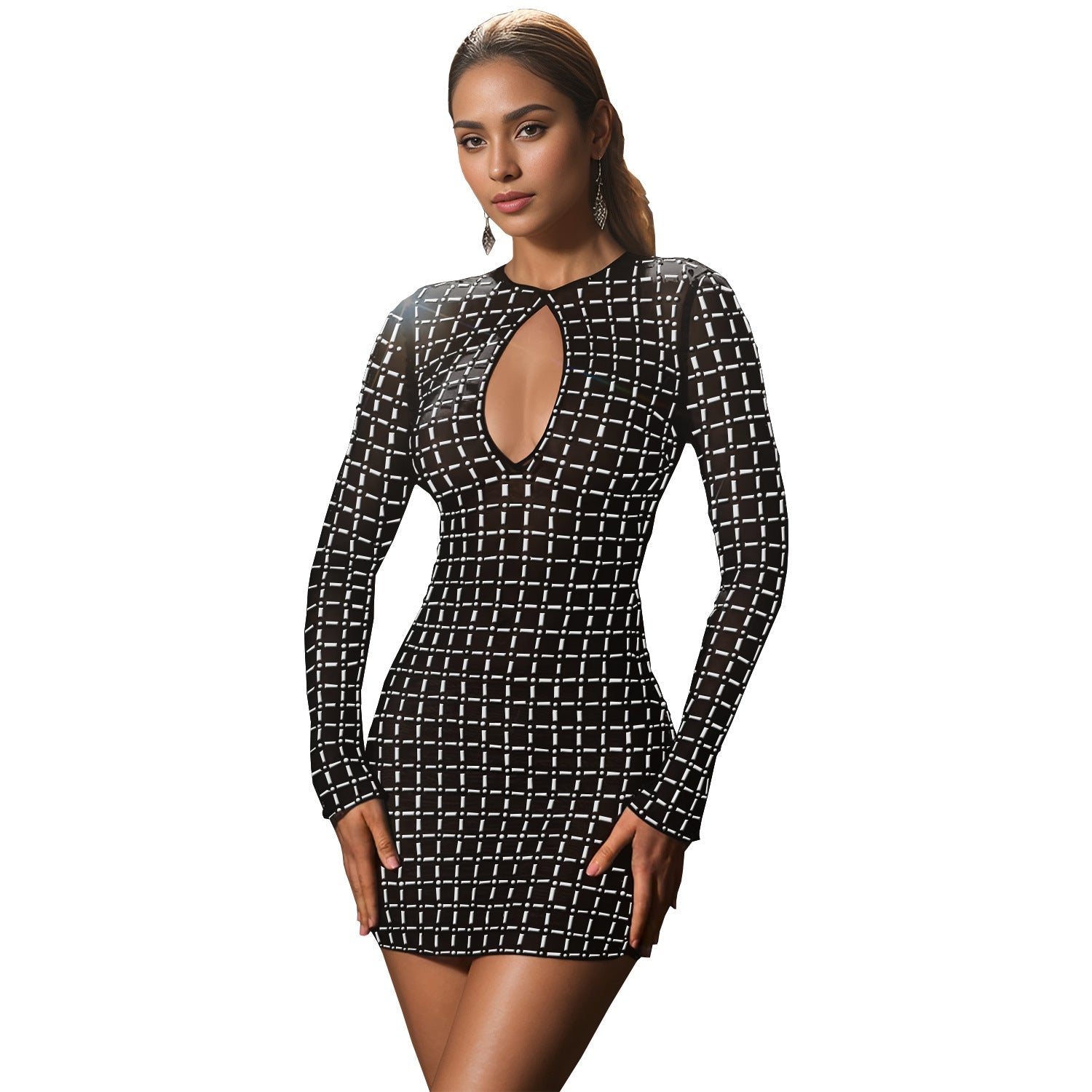 Women Wear Sexy Backless Rhinestone Long Sleeve Dress Black