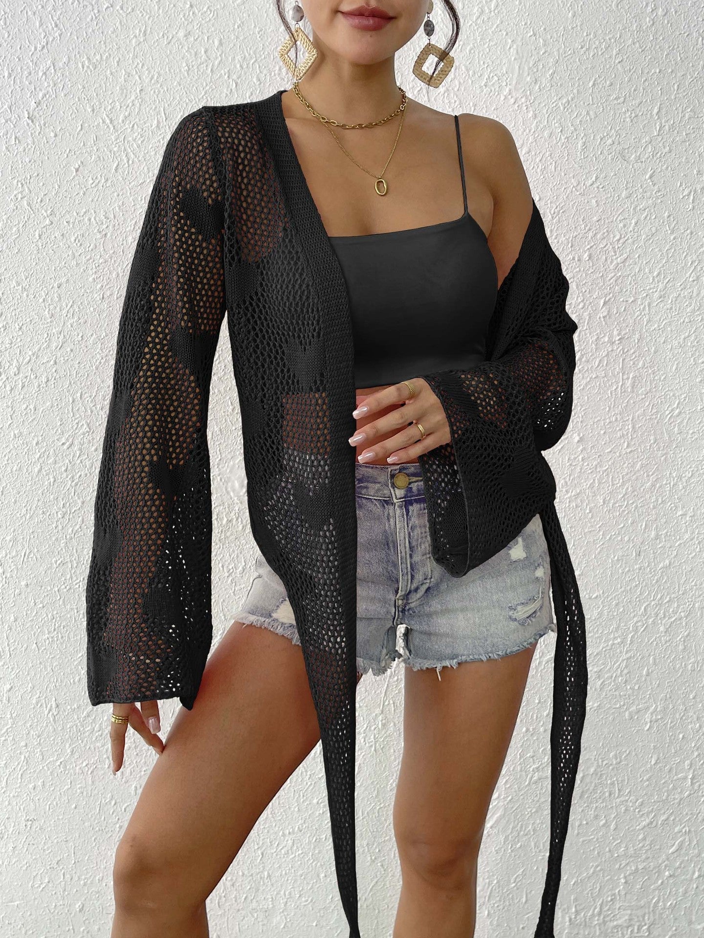 Women Cardigan Clothing Spring Summer Lace up Bow Bell Sleeve Mechanism Shirt Beach Cover Up One Size Black