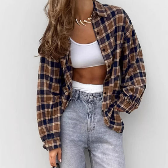 Spring Summer Brown Plaid Collared Loose Shirt Casual Cardigan Women