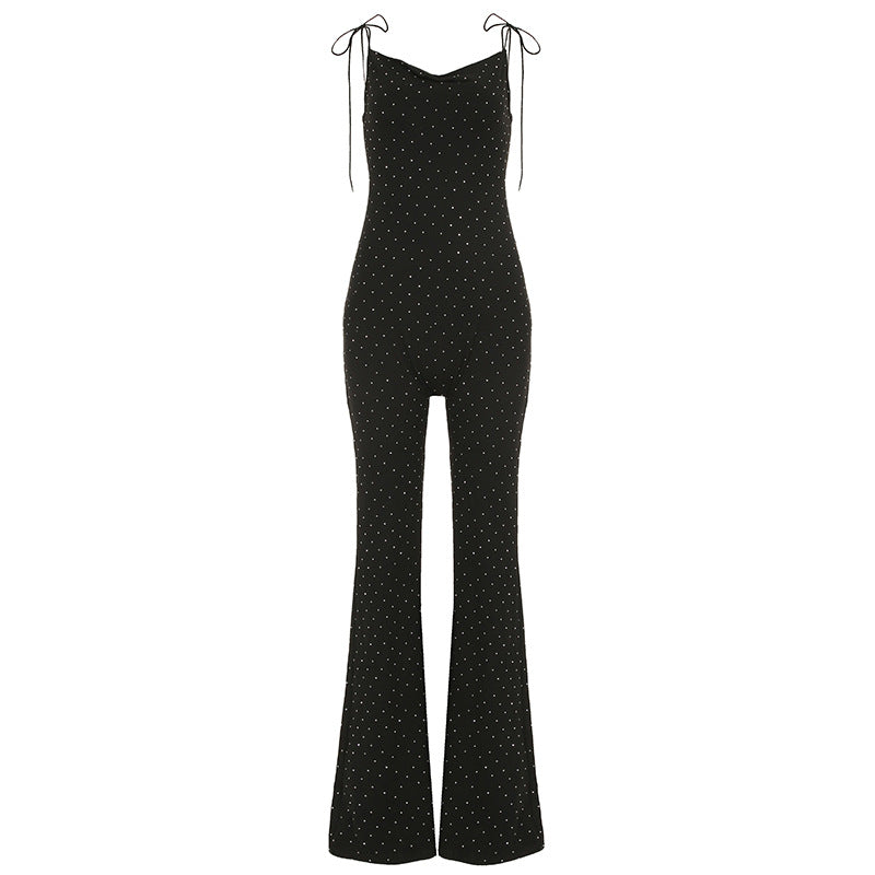 Women Clothing Rhinestone Sexy Siamese Trousers Elegant V neck Slim Fit Sheath Bell Bottom Pants Jumpsuit Black