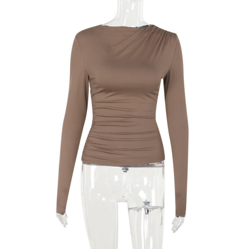 Autumn Simple Fashionable Elegant Slim Fit Twisted Neckline Long Sleeve Casual Top Women Khaki