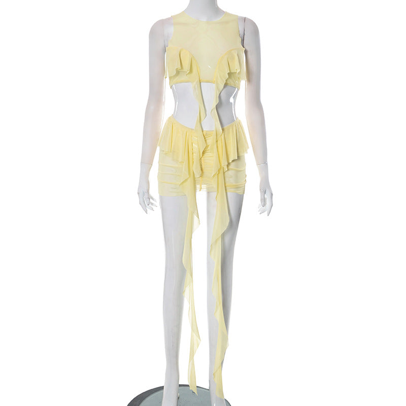 Women Clothing Spring Summer Sleeveless Short Vest Mesh See through Mid Length Skirt Set L Yellow