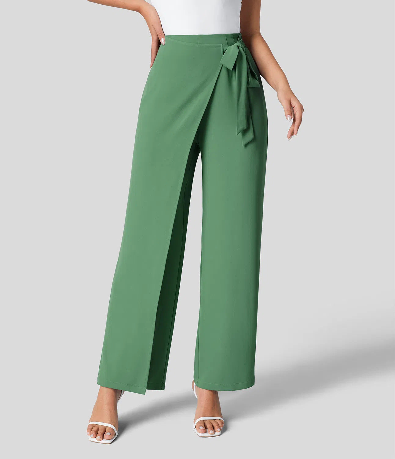 Workwear Women Work Pant Casual Texture Wide Leg Professional Trousers Belt Pants Green