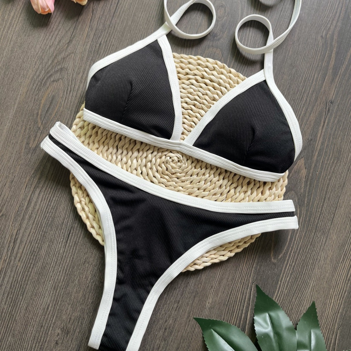 Sunken Stripe Black White Bikini Swimsuit Beach Sexy Women Swimsuit