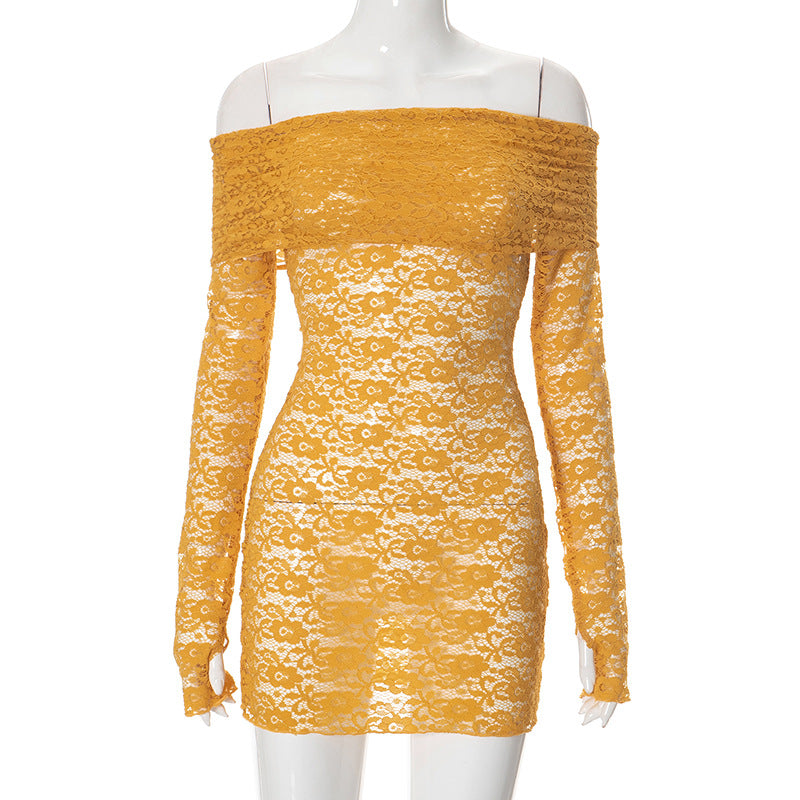 Women Autumn Sexy Collared off-Shoulder Long Sleeve Lace Slim Fit Dress Yellow