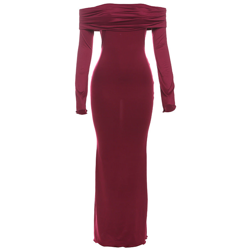 Winter Women Clothing Elegant off Shoulder High Waist Slim Dress Burgundy