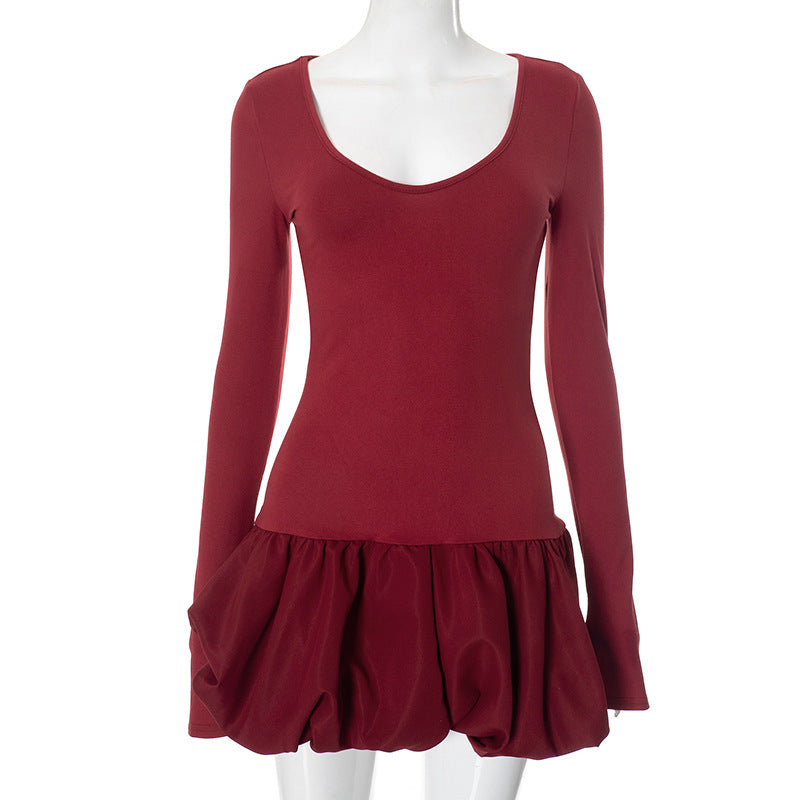 Women Clothing Trend Elegant Charming Long Sleeve V neck Short Puffy Burgundy