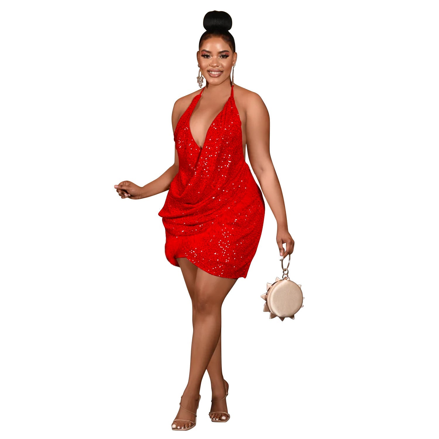 Women Wear Sexy Sequin Suspenders Short Dress One Piece Dress Red