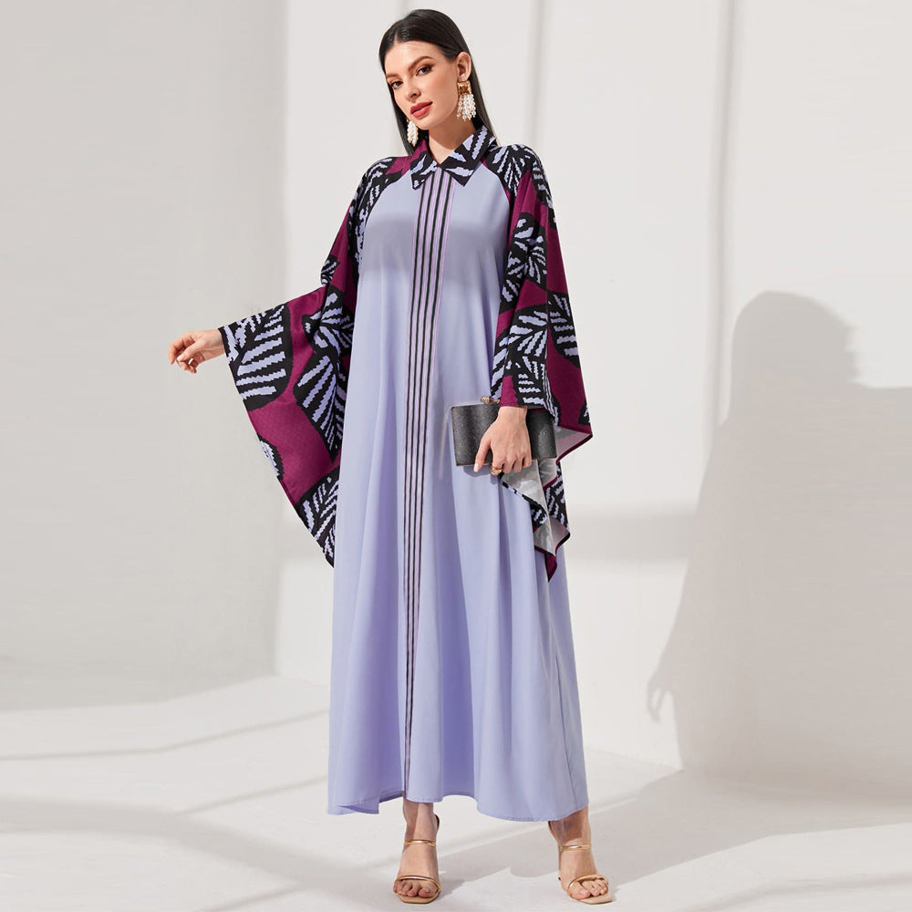 Women Clothing Autumn Elegant Batwing Sleeve Shirt Collar Woven Dress Purple