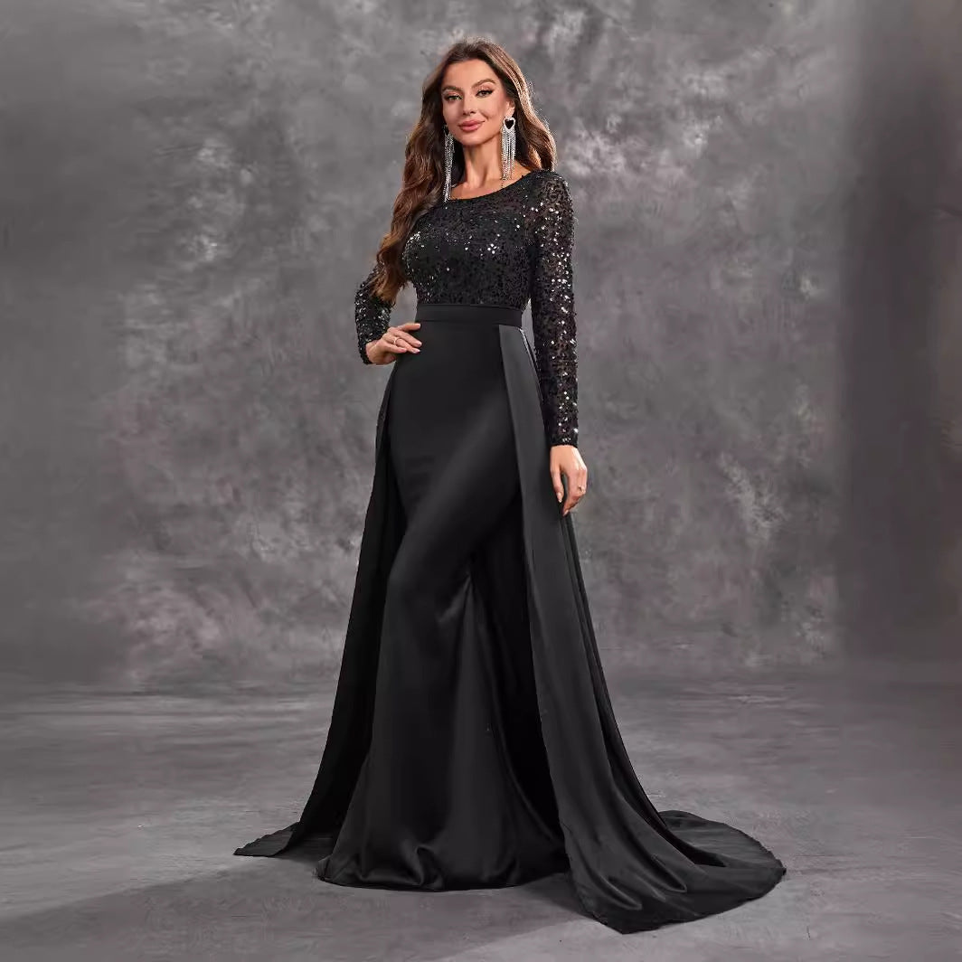 Women Prom Party Dress Sequined Long Sleeve Round Neck Sexy Elegant Black Formal Dress