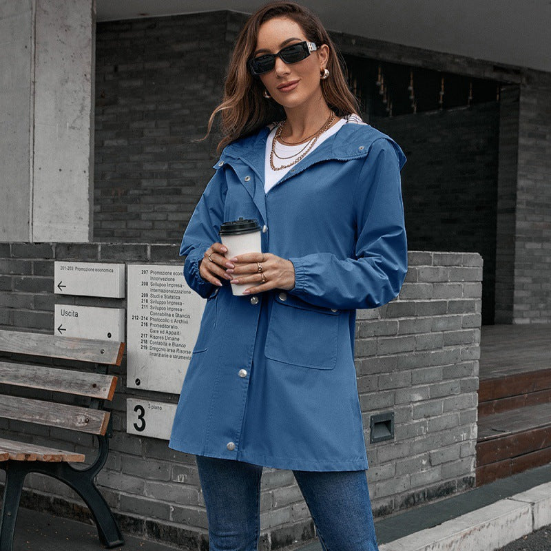 Zipper Raincoat Outdoor Sport Climbing Waterproof Clothing Mid-Length Waterproof Wind Coat Coat Top Women