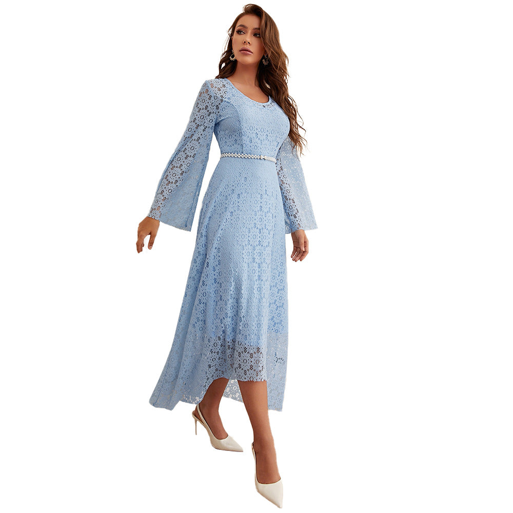 Women Clothing Spring Summer Casual Two Piece Set Maxi Dress Round Neck A line Big Hem Dress skyblue