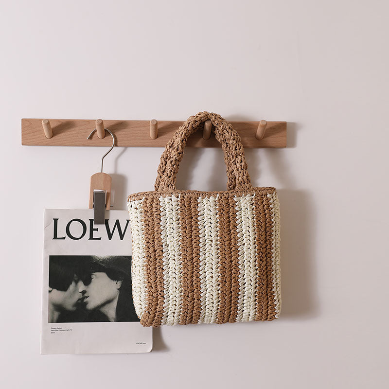 Vertical Stripes French Straw Bag Portable Contrast Color Straw Bag Woven Bag Women's Bag Seaside Vacation Beach Bag One Size Two-Color Vertical Bar Coffee Small