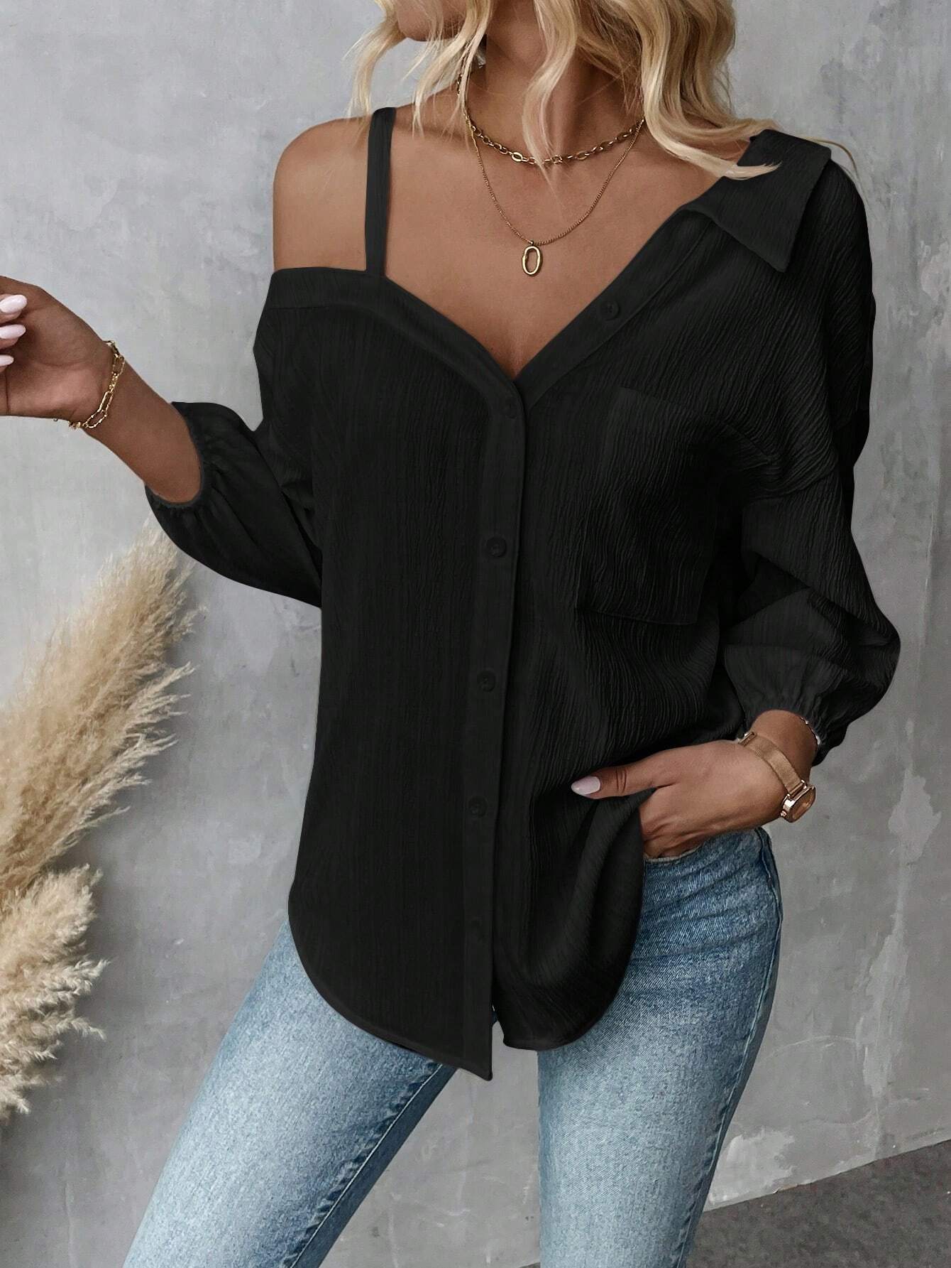 Spring Summer Collared Three Quarter Sleeve off Shoulder Cardigan Texture Single Breasted Casual Shirt Black