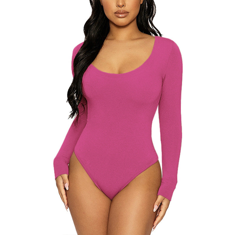 Women Clothing Spring Bottoming Top Slim Fit round Neck Long Sleeves Jumpsuit Bodysuit Coral Red