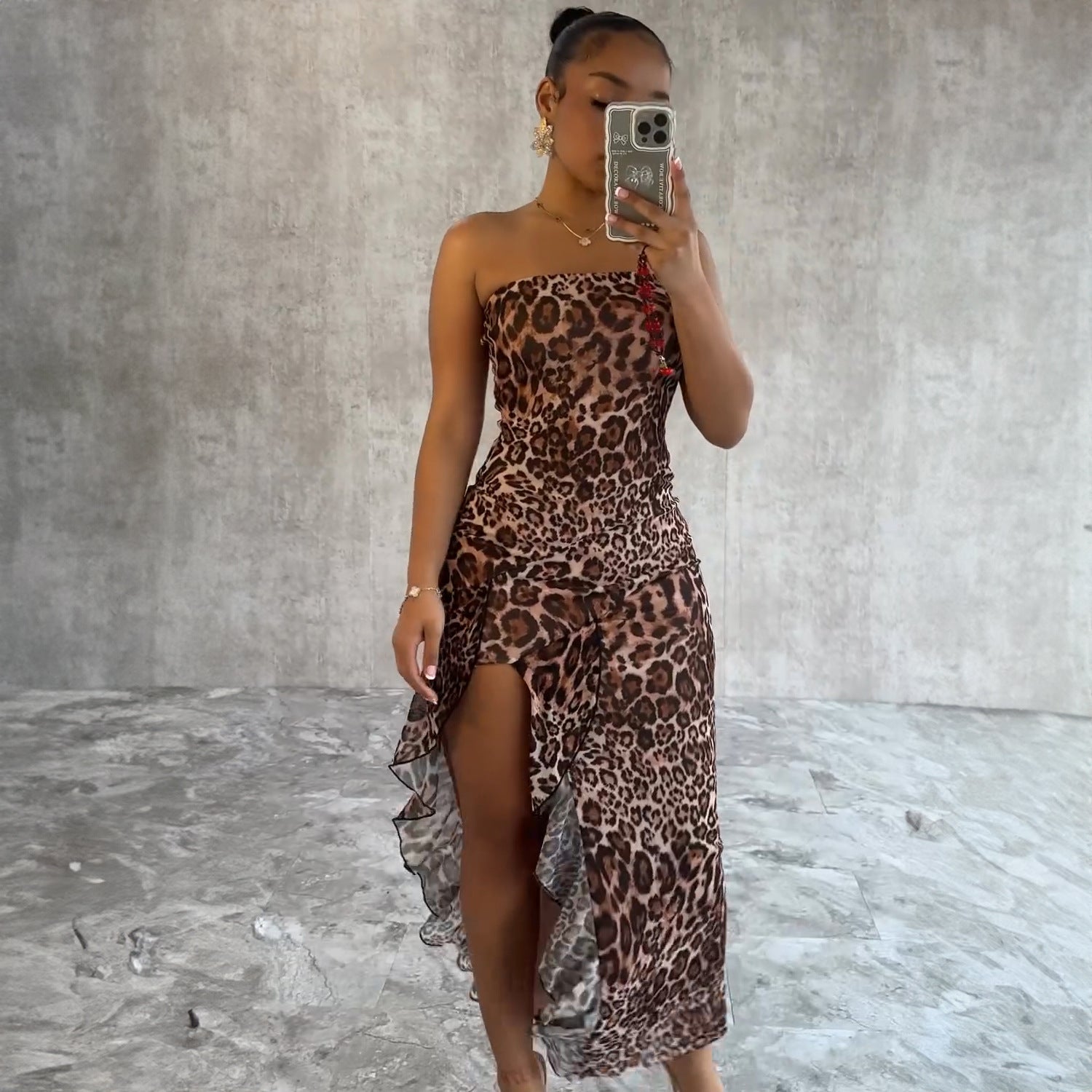 Summer Sexy Slim Leopard Print Split Sexy Dress Women Clothing