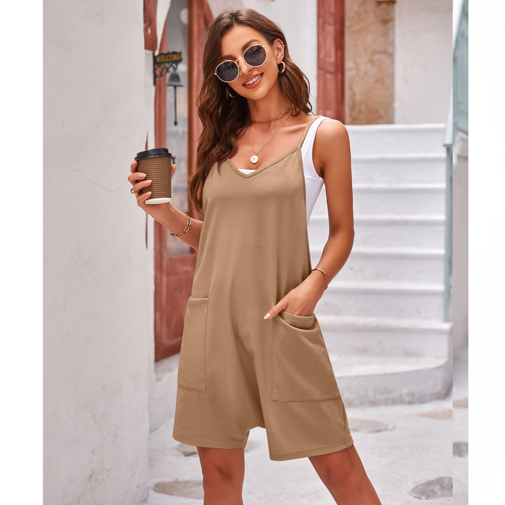 Women Clothing Summer Casual Pocket Spaghetti Straps Knitted Shorts Jumpsuit Suspender Pants Women