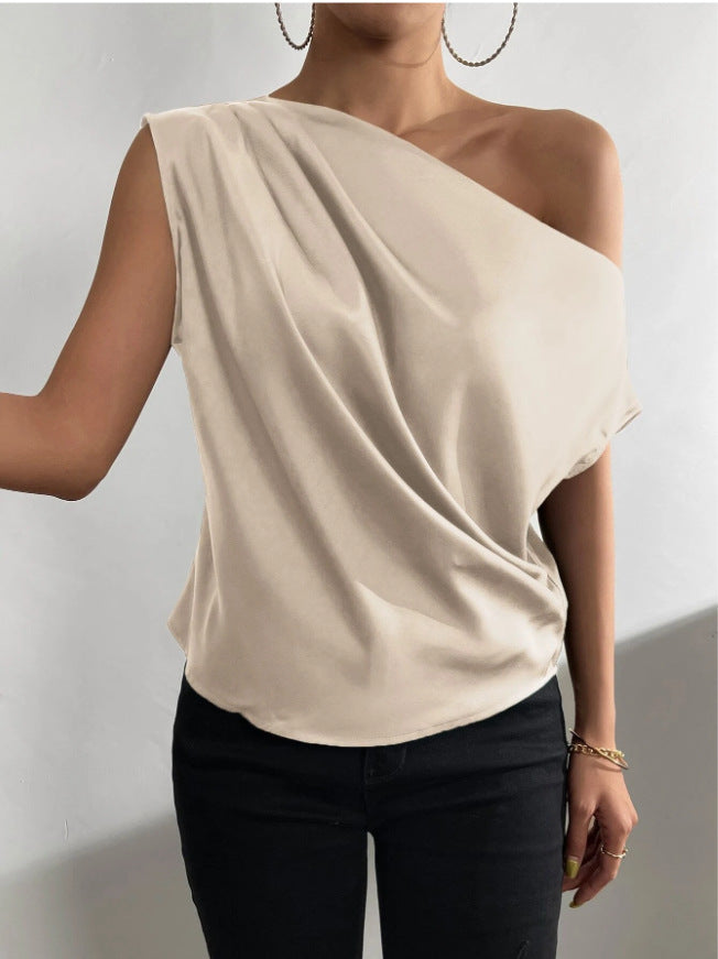 Spring Solid Color Satin Artificial Silk Irregular Asymmetric Shoulder off Shoulder Pullover Sleeveless Shirt Women Clothing Ivory