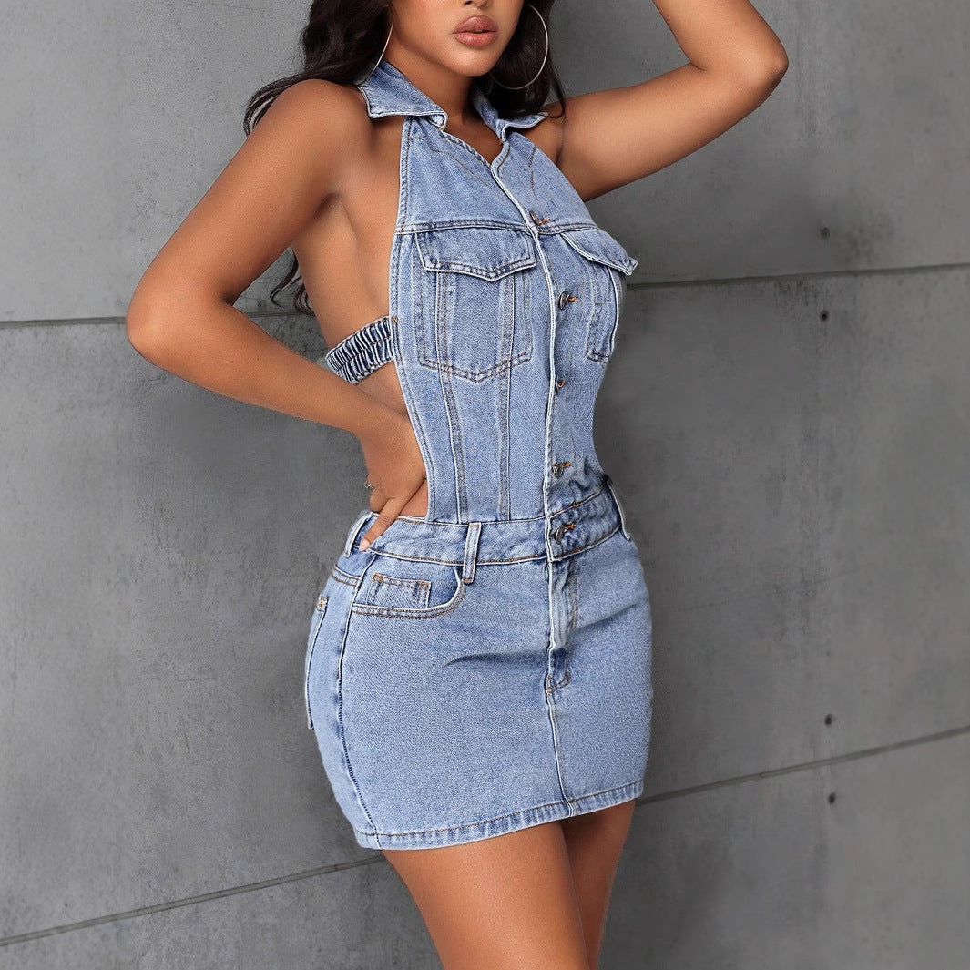 Women Clothing Halter Backless Denim Dress