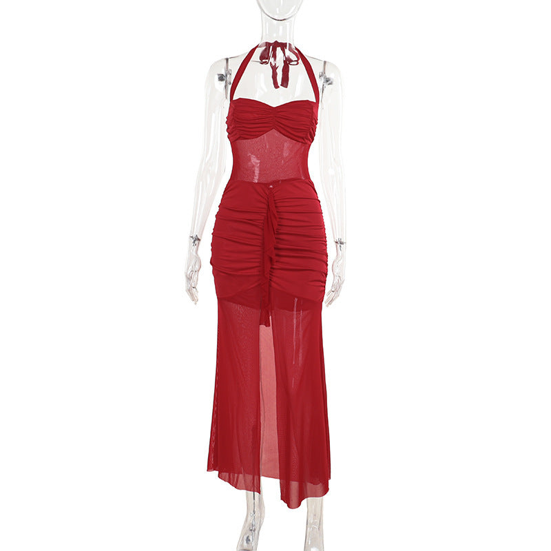 Autumn Sexy Mesh Stitching Pleated Slit Hemline Dress Women Red