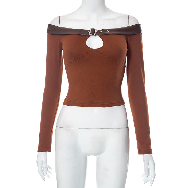 Women Clothing Autumn Winter Retro Long Sleeve Stitching Hollow Out Cutout out Sexy All Match Top Brown