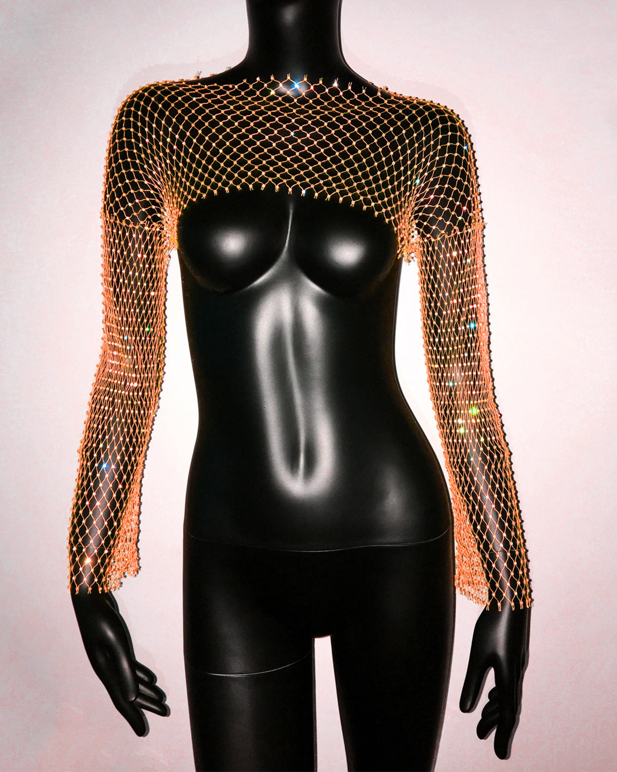 Women Clothing Fishnet Rhinestone Long Sleeved Top Stretch Sexy T shirt One Size Orange