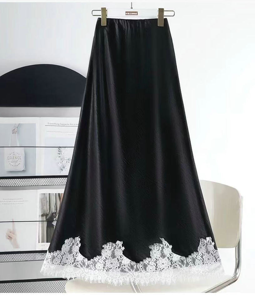 Western Lace Stitching Silk Skirt Spring Draping Glossy A line Midi Skirt Women Black and White