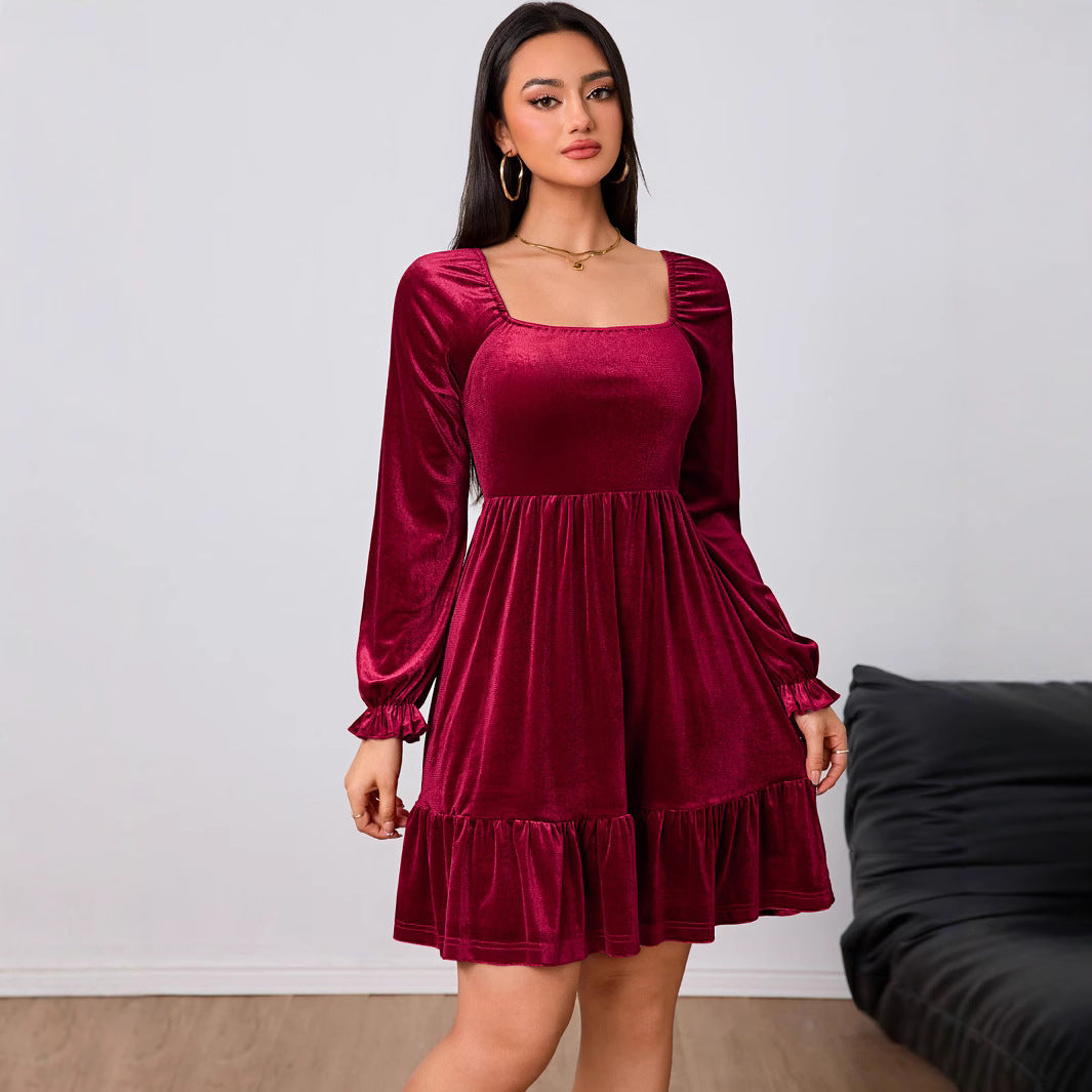 Women Clothing French Velvet Wine Red Dress Autumn Winter Midi Dress