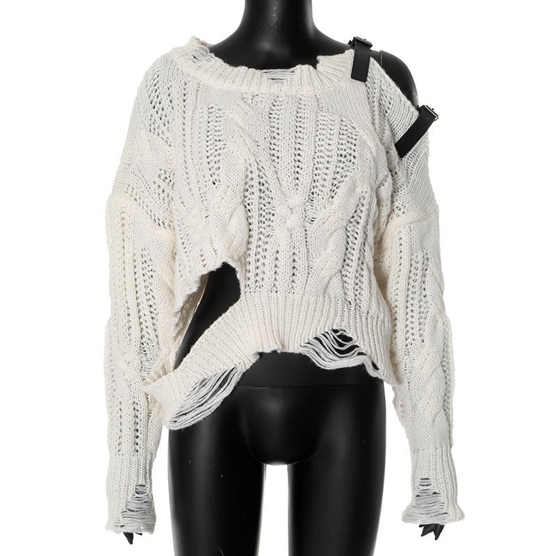 Women Clothing Leather Decoration Patchwork Cold Shoulder Ripped Street Woolen Top White