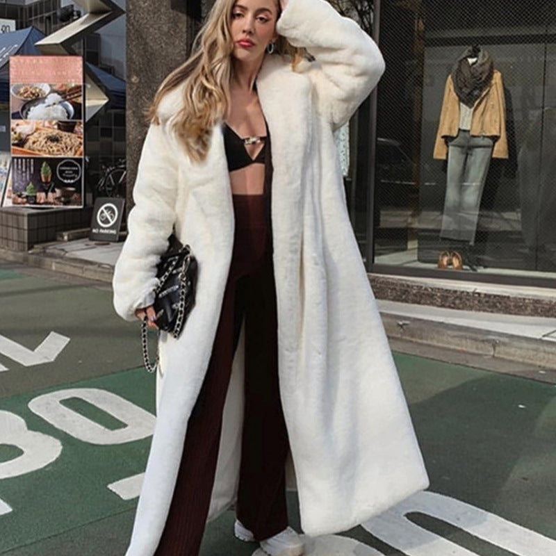 Winter Faux Rabbit Fur Coat Women Lengthened Knee Length Faux Fur Coat Thickened Warm Plush Coat White