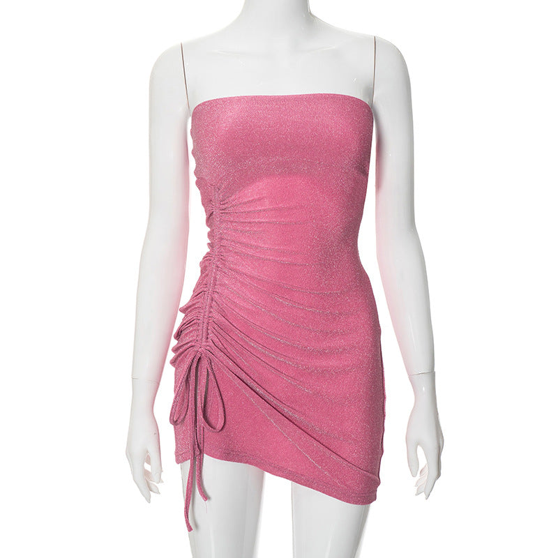 Women Clothing Solid Color Slim Fit Pleating Strapless Dress High Waist Hip Dress Pink