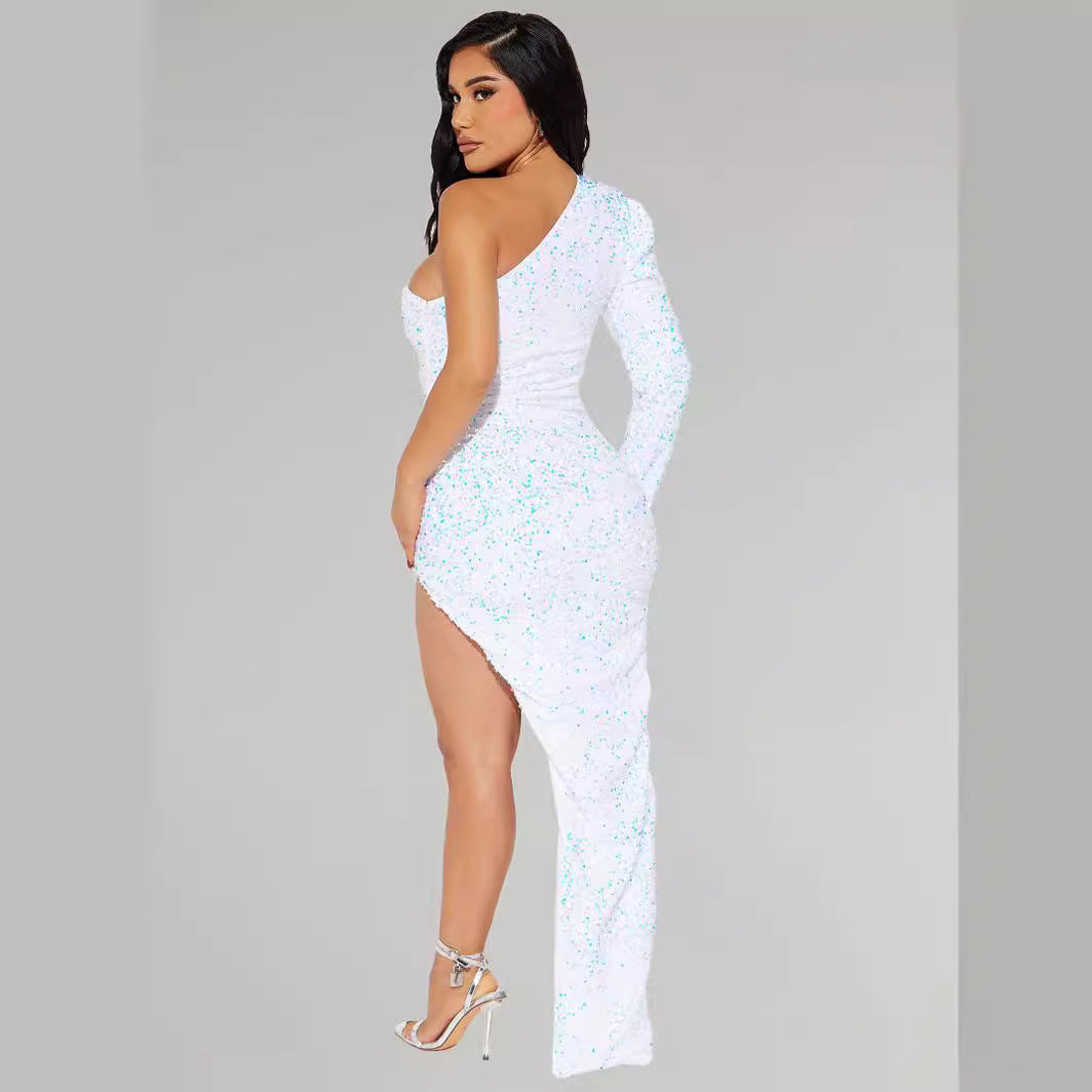 Women Sexy Sequined One Shoulder Long Sleeve High Slit Dress Long