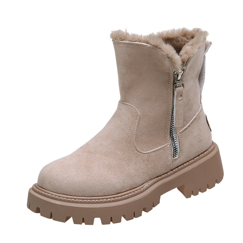 Winter Fleece Lined Short Fur Mouth Snow Boots Women Warm Side Zipper Suede Cotton Boots Khaki