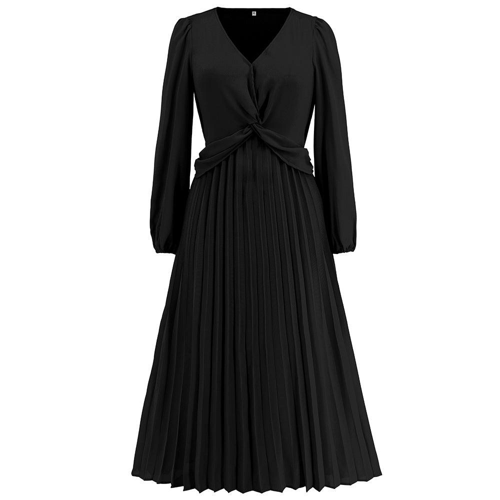 Women Clothing Long Sleeve V Neck Slim Fit Pleated Dress Solid Color Lantern Sleeve Maxi Dress Popular Black