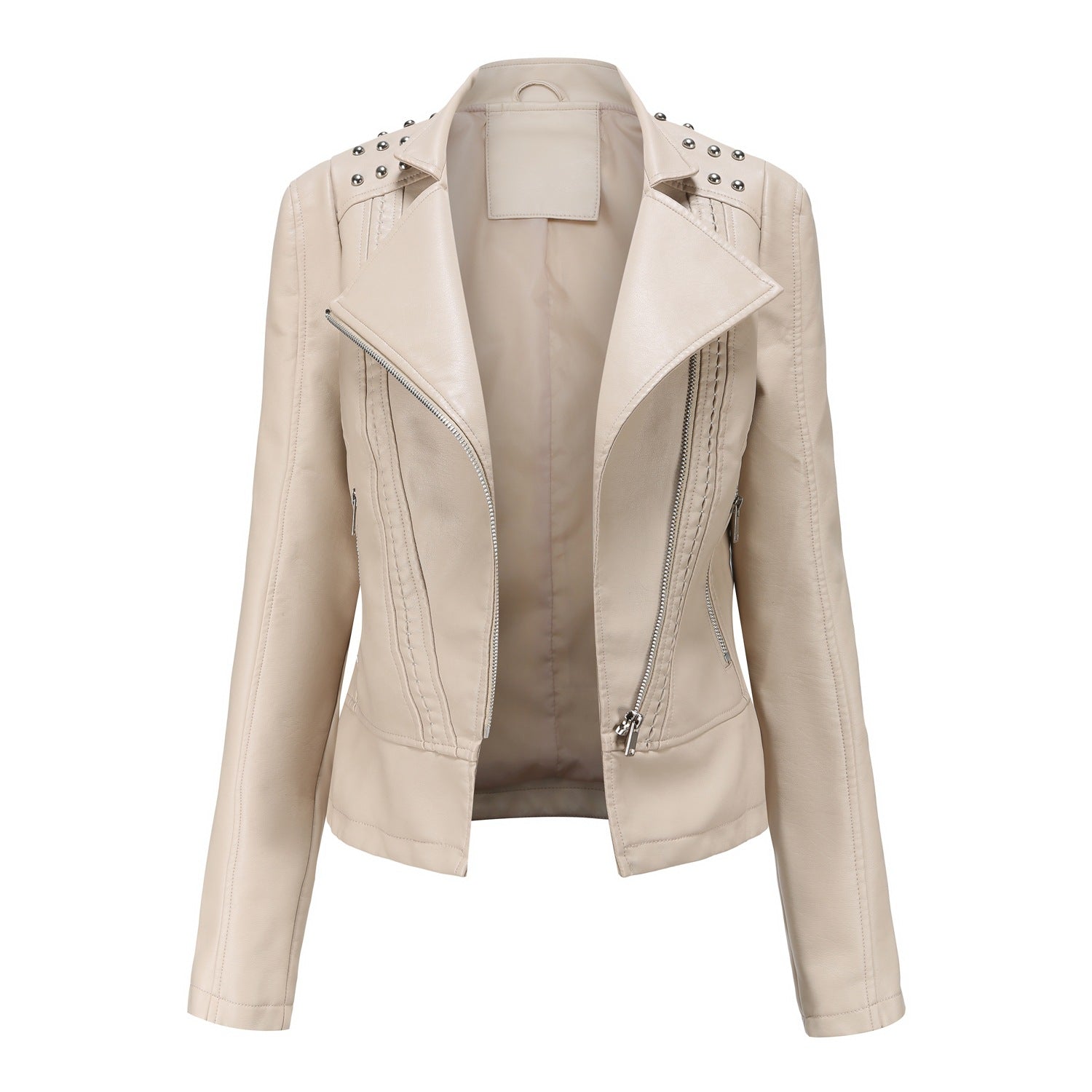 Women Rivet Leather Jacket Women Jacket Collared Motorcycle Clothing Thin Spring Autumn Women Jacket White