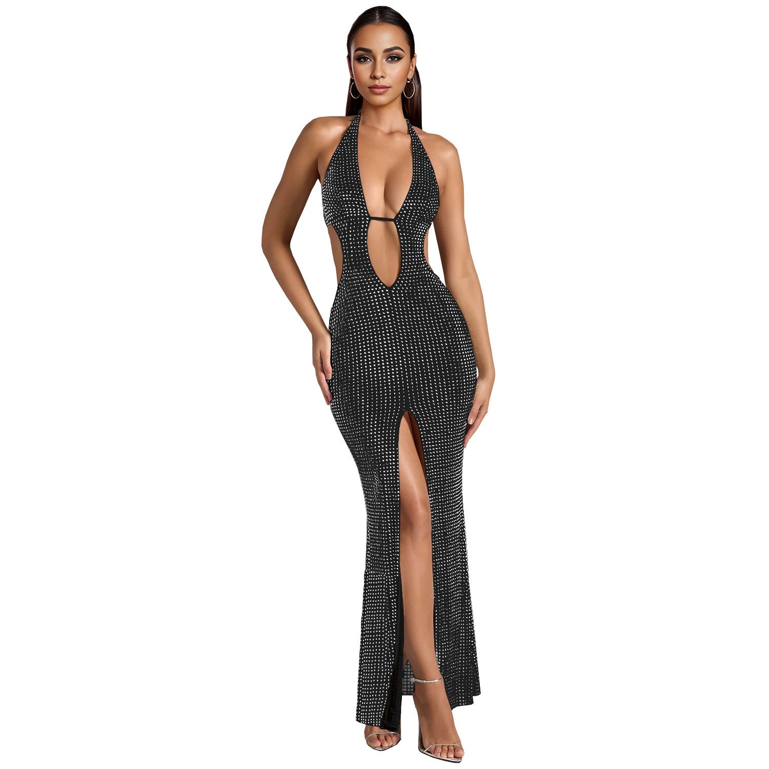 Women Wear Sleeveless Halter off the Shoulder Rhinestone Split Dress Black