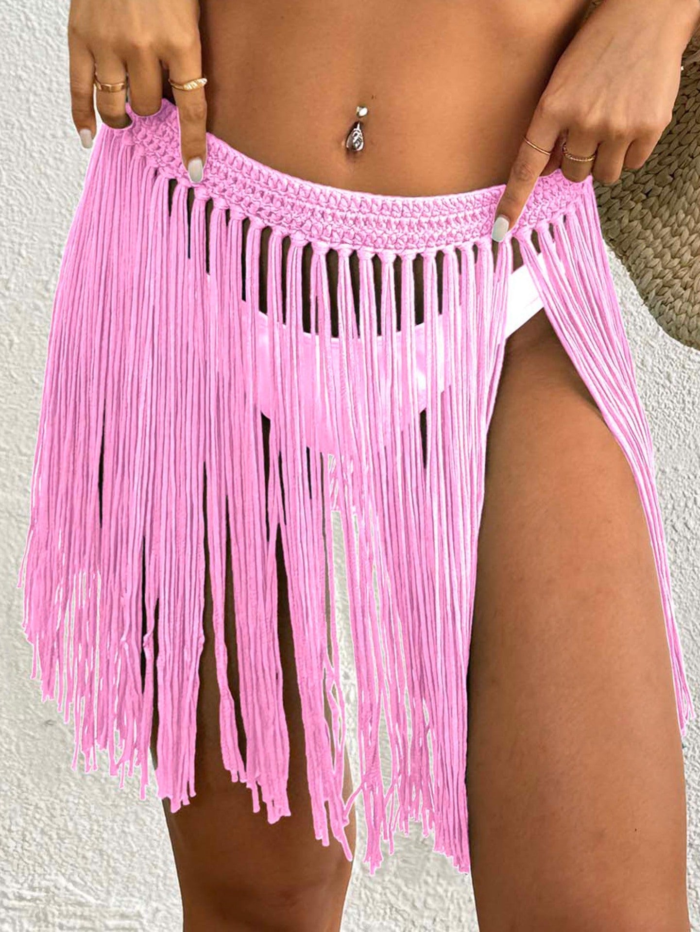 Women Lace up Skirt Women Clothing Beach Beach Cover Up Pure Hand Crocheting Tassel Skirt Overskirt One Size Pink