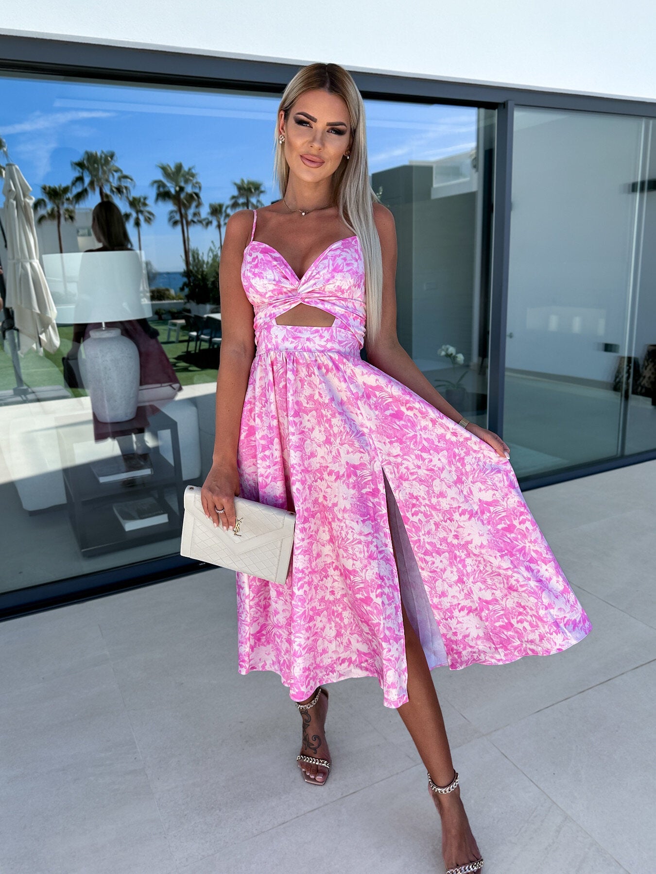 Summer Sexy Suspender Floral Personality Hollow Out Cutout out Cropped Outfit Split Dress Pink Dress Floral Slip Dress