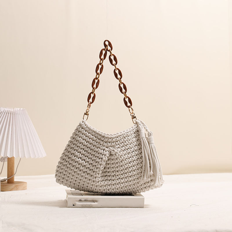 Underarm Cotton Thread Woven Bag Tassel One Shoulder Straw Bag Vacation Beach Bag Niche Women Bag One Size Clip Tassel Rice