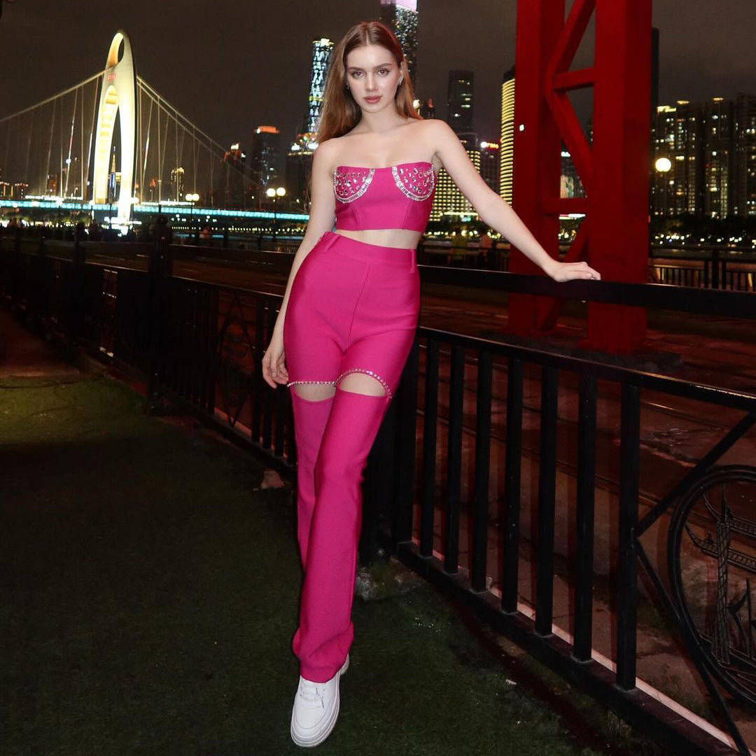 Summer Tube Top Suit High Grade Sexy Rhinestone Hollow Out Cutout Sheath Bandage Trousers Two Piece Set Pink