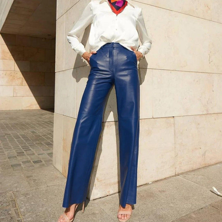 Women Clothing Spring Faux Leather Mid High Waist Hip Lifting Straight Women Casual Pants Women Pants Blue