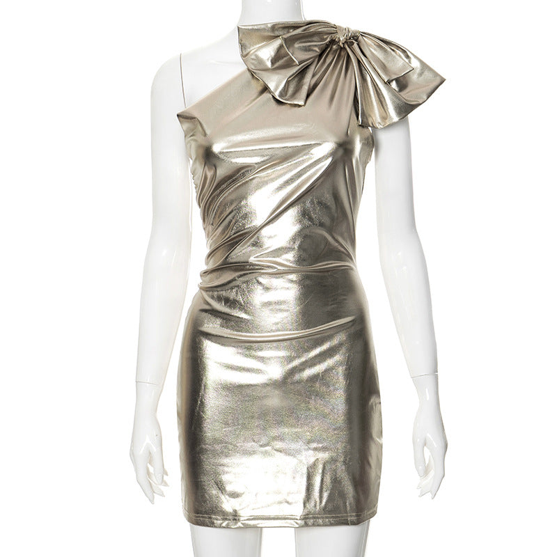 Women Sexy Bow One Shoulder Metallic Tight Dress Gold