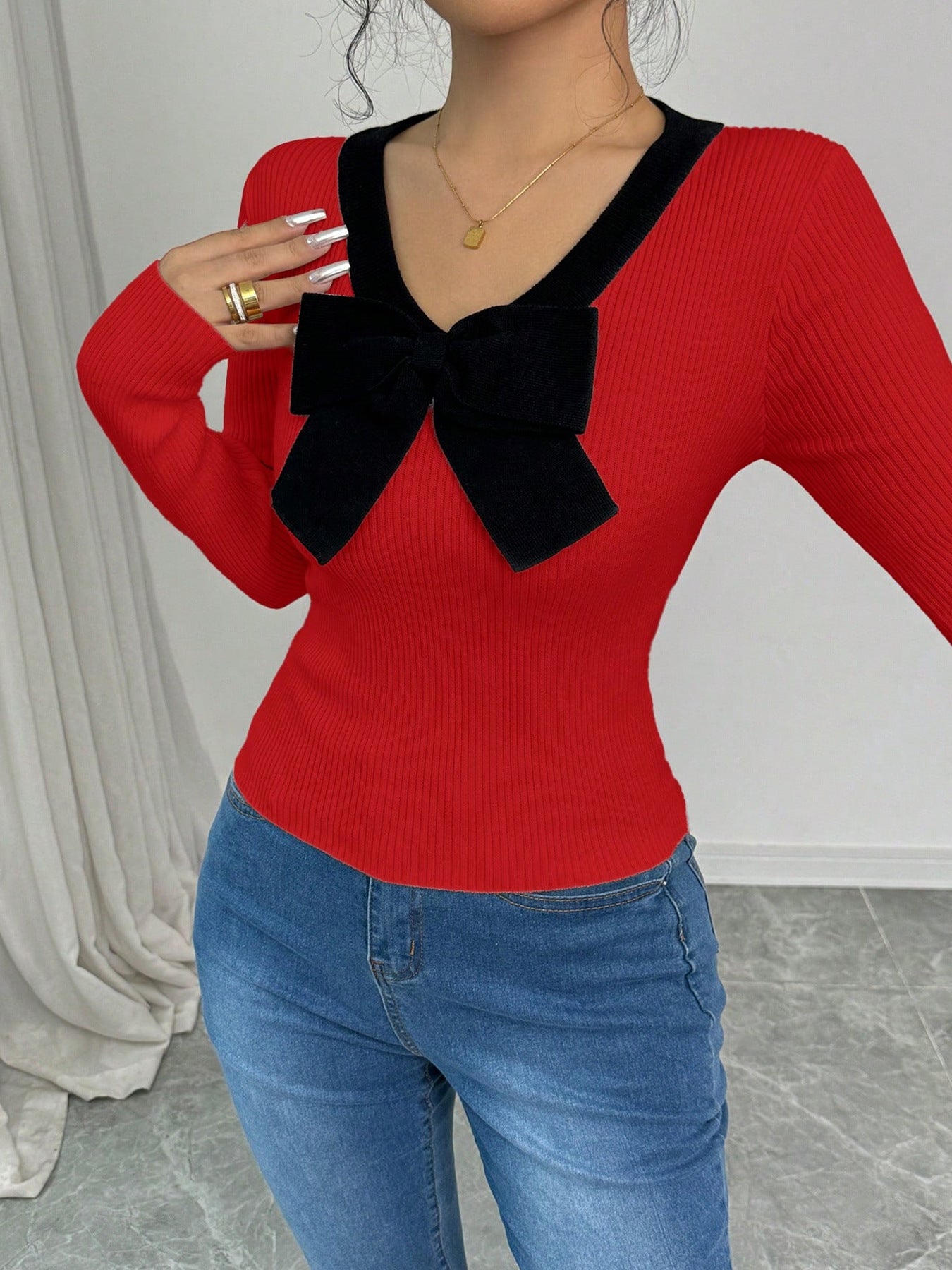 T shirt Popular Knitwear Bow V neck Slim Top Red