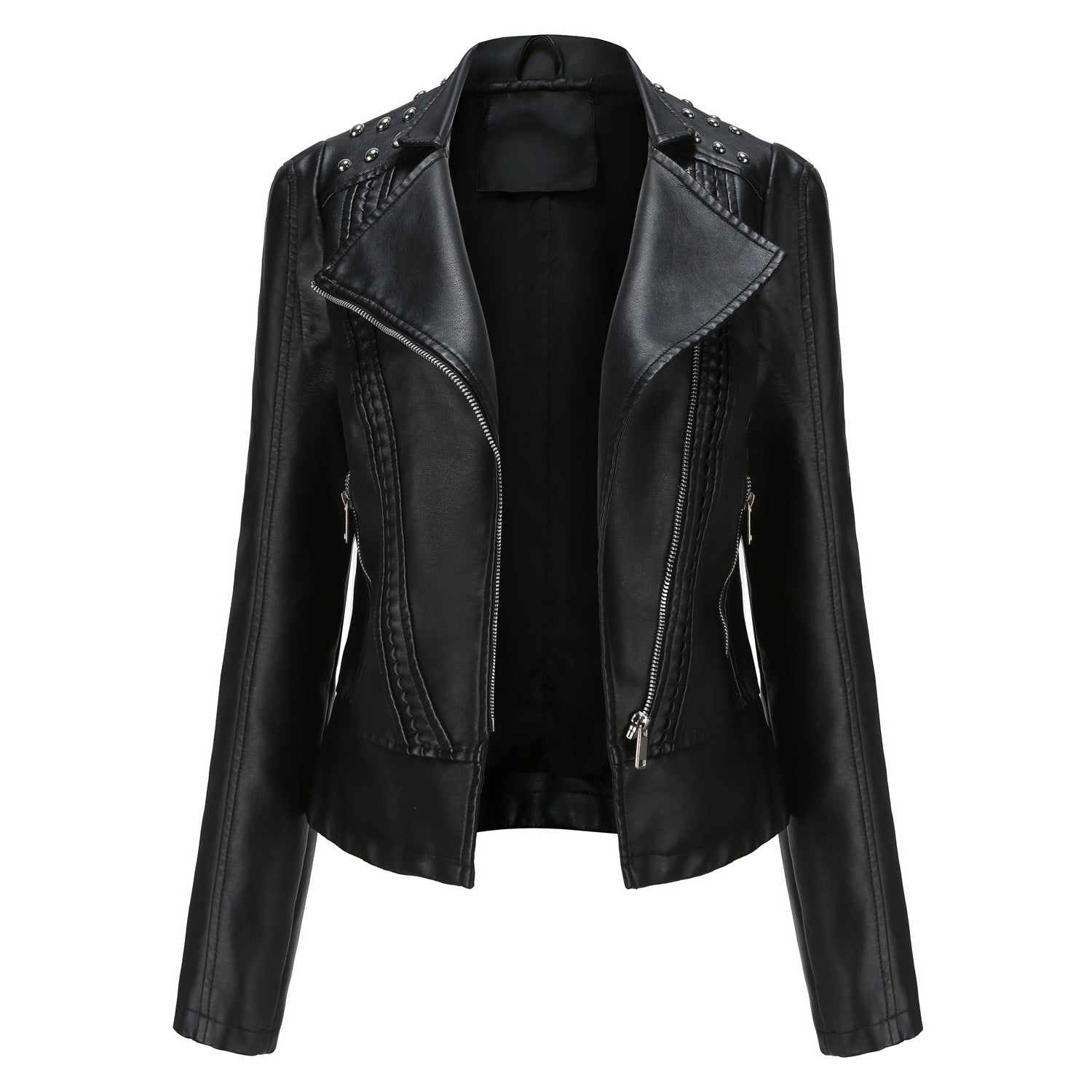 Women Rivet Leather Jacket Women Jacket Collared Motorcycle Clothing Thin Spring Autumn Women Jacket Black