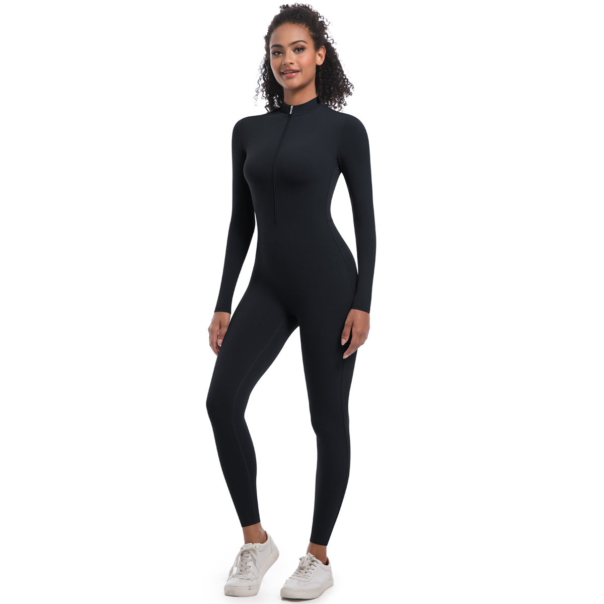 Zipper Nude Feel Long Sleeve Yoga Jumpsuit High Strength Running Fitness Clothes Sports Trend One Piece Tights Black