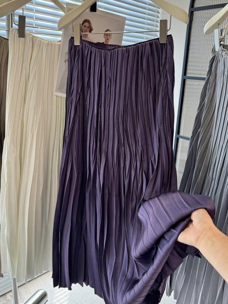 Women Spring Solid Color Pleated Mid Length Expansion Skirt High Waist Slimming Pleated Skirt One Size Purple